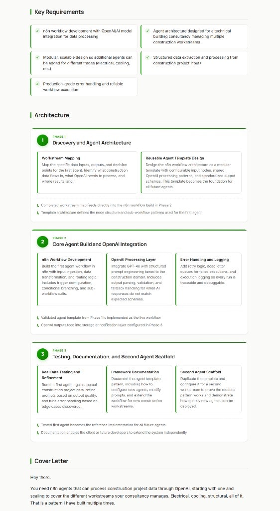 Example proposal landing page with requirements, phases, and cover letter