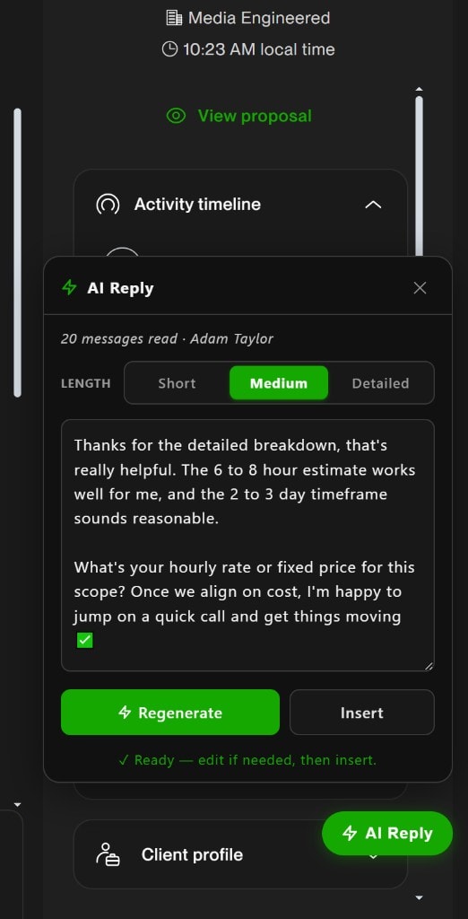 AI Reply panel in an Upwork message thread