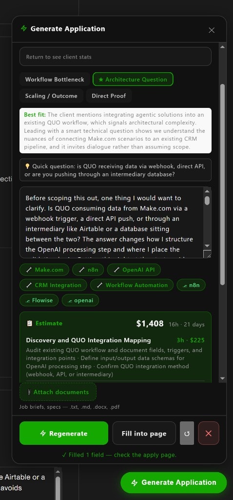 Generate Application panel on Upwork with four proposal variants and client intel
